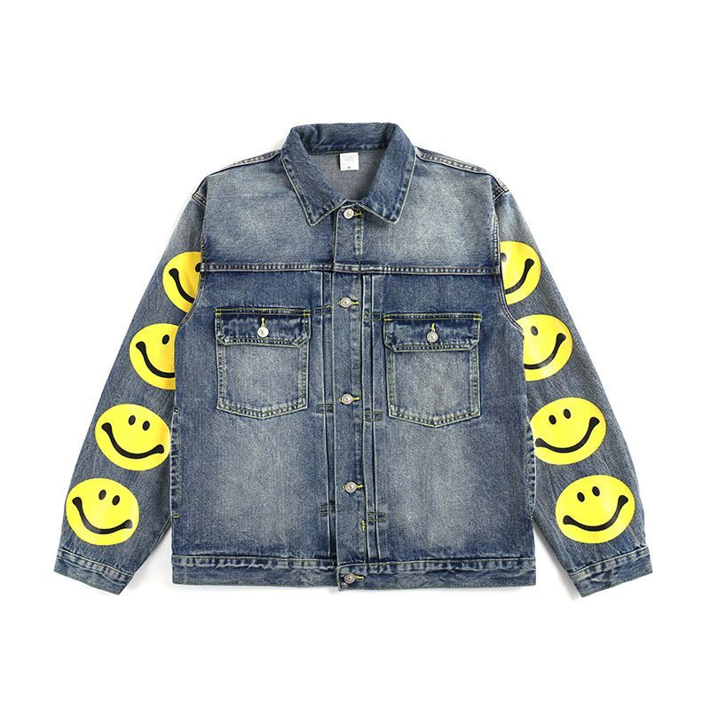 Men's washed embroidered smiley denim clothingdenim jacket スマイル＆刺繍付きデニム