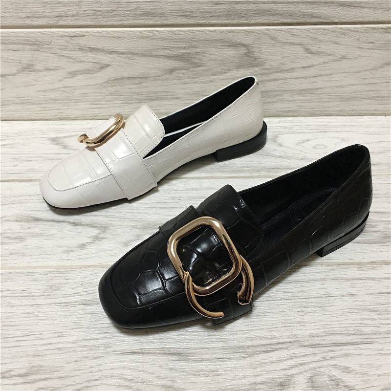 women's leather low-heeled loafers square buckle pumps loafers