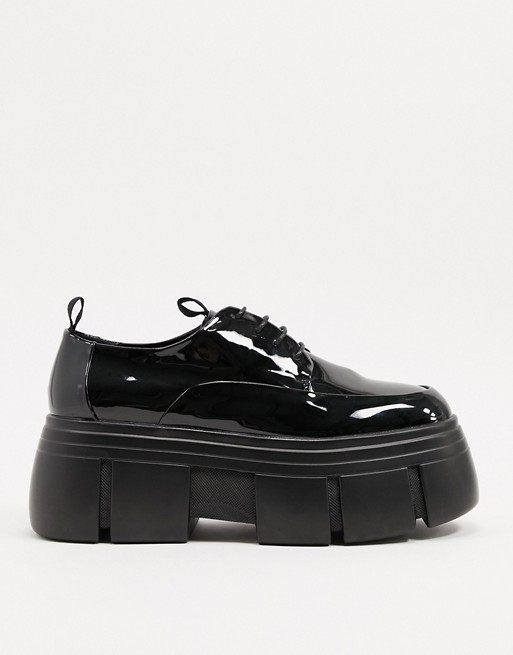 Men's lace up shoes in black patent faux leather with chunky platform sole  loafers パテントレザーレースアップシューズプラットフォームチャンキーソールローファー