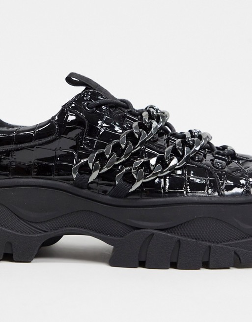 Men'sloafers chunky croc leather creepers in black with chain チェーン付きチ