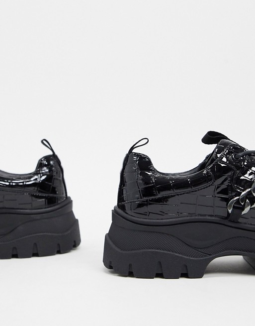 Men'sloafers chunky croc leather creepers in black with chain チェーン付きチ