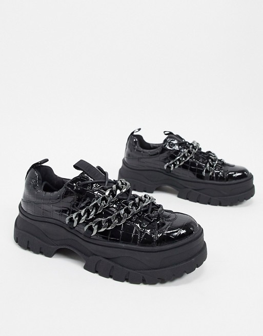 Men'sloafers chunky croc leather creepers in black with chain チェーン付きチ