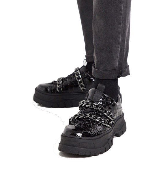 Men'sloafers chunky croc leather creepers in black with chain チェーン付きチ