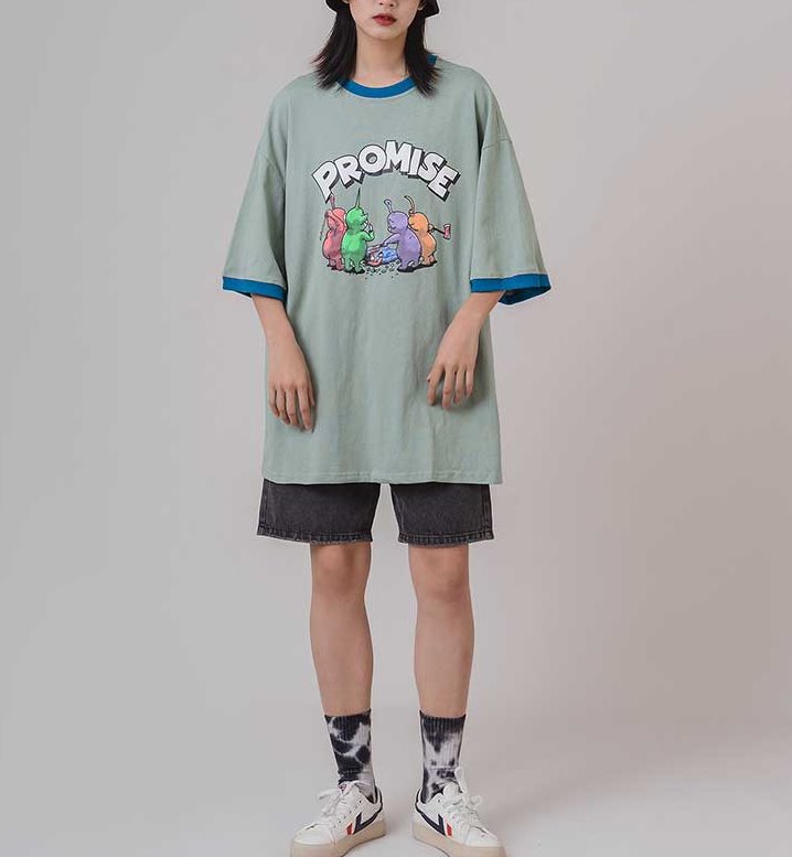 cartoon printing oversize couple cotton trend short-sleeved T-shirt 　 TKPAポッププリントTシャツス半袖シャツユニセックス 男女兼用