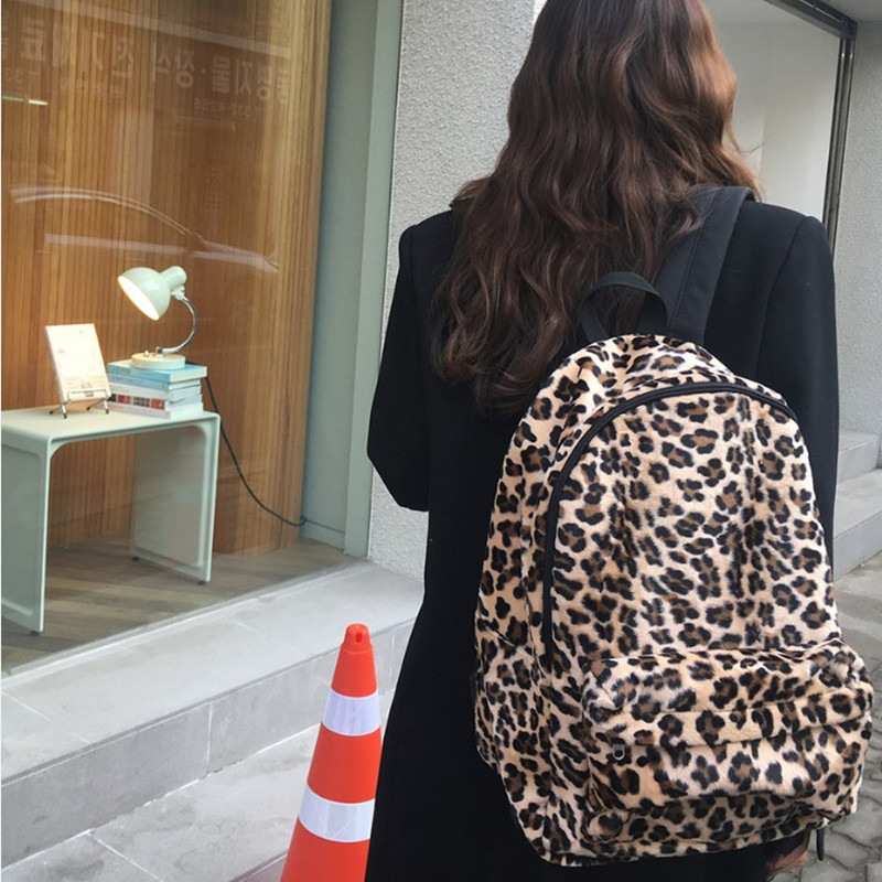 Women's leopard canvas all-match trendy backpack Tote shoulder Bag