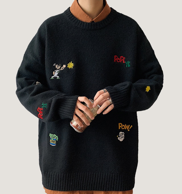Unisex Popeye embroidery oversized sweater pullover\ 男女兼用 