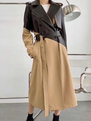 Fake & Real Leather and gabardine 2tone trench coat 2トーン