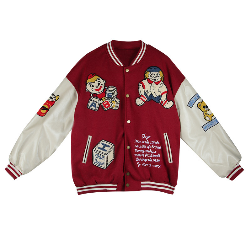 cartoon plush embroidery jacket men and women loose baseball uniform　ユニセックス  男女兼用カラーマッチング スタジアムジャンパー スタジャン MA-1 ボンバー ジャケット ブルゾン