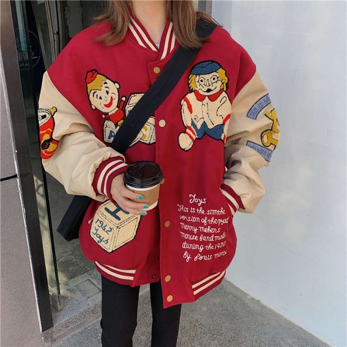 cartoon plush embroidery jacket men and women loose baseball 