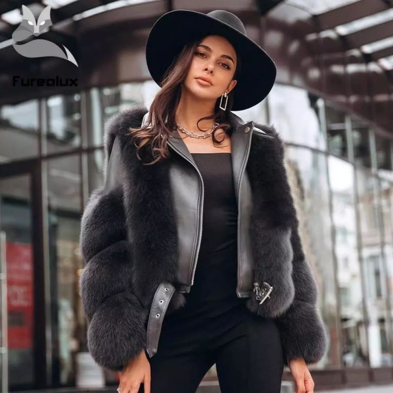 Real Fox Fur with Genuine Sheepskin Leather Jacket Coat Riders