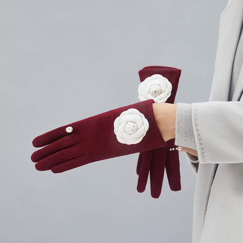 Women's Camellia & With pearl gloves パール&カメリアウール手袋