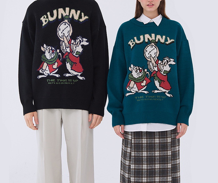 unisex Alice in Wonderland Rabbit Jacquard sweater loose knit sweater  ユニセックス 男女兼用 不思議国のアリス ラビット編み込み ニット セーター プルオーバー