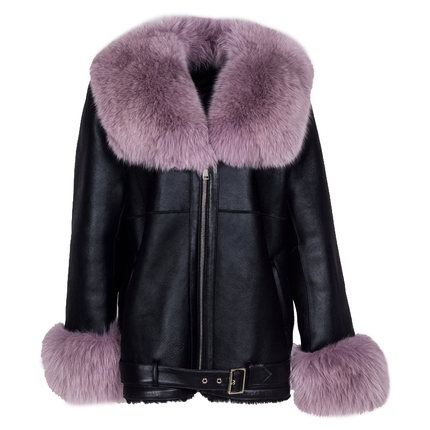 Oversized Real Fox Fur Collar with Genuine Sheepskin Leather 