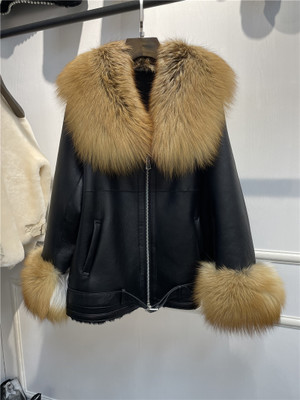 Oversized Real Fox Fur Collar with Genuine Sheepskin Leather 