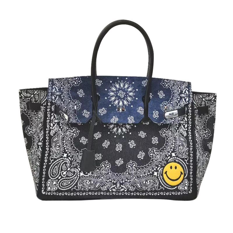 Paisley Smile pattern Birkin style tote bag Messenger bag ユニセックス ペイズリー柄  バンダナ柄 ニコちゃん スマイル キャンバストートバック