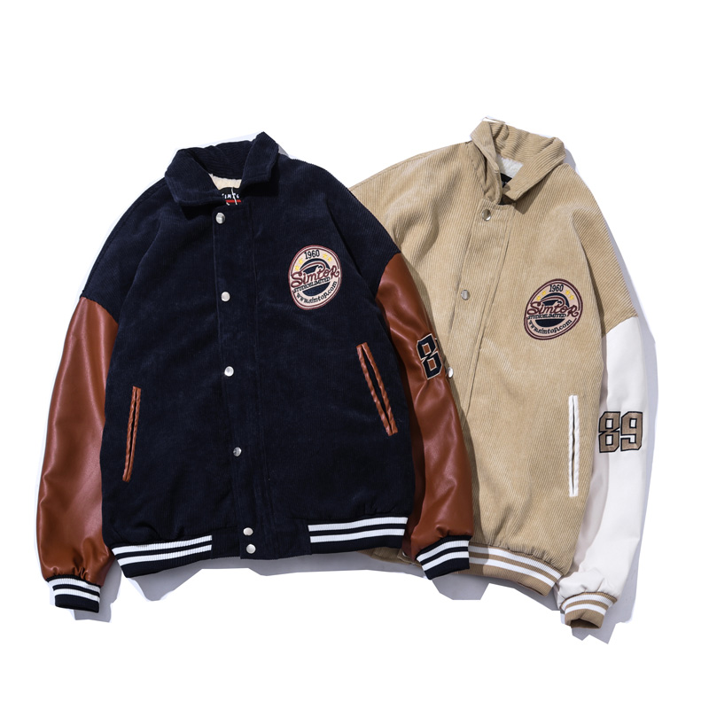 Unisexs PU leather stitching corduroy jacket baseball uniform jacket  American baseballjumper ユニセックス 男女兼用 レザーステッチコーデュロイスタジアムジャンバーユニフォーム ジャケット  ブルゾン ...