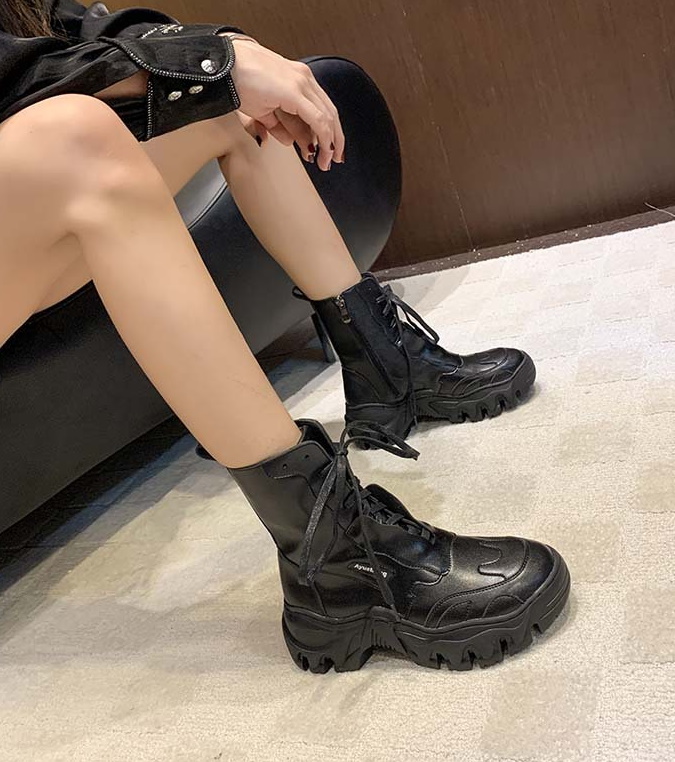 women's Lace-up chunky sole platform Middle boots 本革レザーミドル