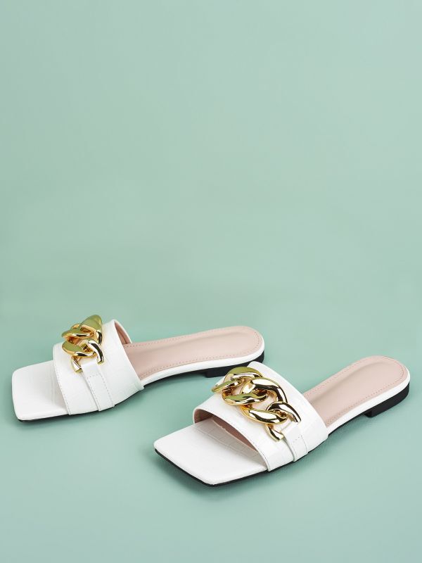 Women open-toed metal chain buckle decoratio flat sandals slippers  メタルチェーンバックルデコレーション フラットサンダル スリッパ