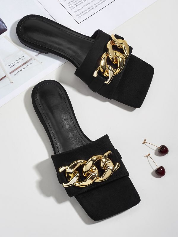 Women open-toed metal chain buckle decoratio flat sandals slippers 