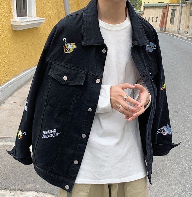 Unisex Tom and Jerry  American Comic Embroidered Denim Jacket blouson  ユニセックス男女兼用トムとジェリー＆アメリカンコミック刺繍デニムジャケット Gジャン ブルゾン MA-1 ボンバー