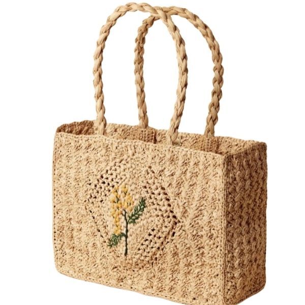 raffia hand-woven Embroidered flower basket tote shoulder bag　  フラワー刺繍ラフィア編みかご 籠ショルダー トートバック
