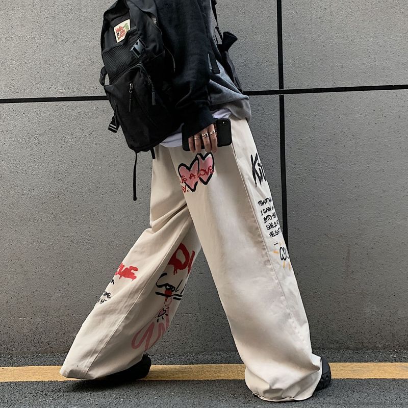 Indskrive Men Redaktør Unisex hip-hop graffiti overalls mopping wide-leg pants ユニセックス  男女兼用ヒップホップグラフィティワイドパンツ