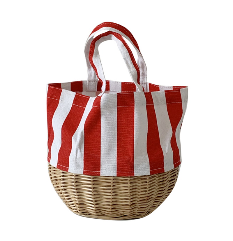 Striped canvas basket straw woven tote bag Eco bag ストライプキャンバス&かご 籠 トートバック Striped canvas basket straw woven tote bag Eco bag ストライプキャンバス&かご 籠 トートバック