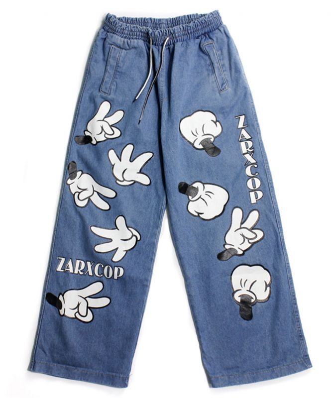 Unisex rock-paper-scissors Mickey print denim pants graffiti loose