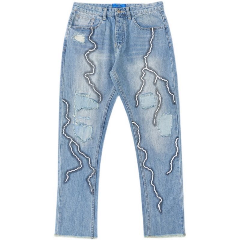 Unisex Men S Frayed Lightning Jeans Pants ユニセックス男女兼用 ダメージライトニングデニム パンツ ジーンズ