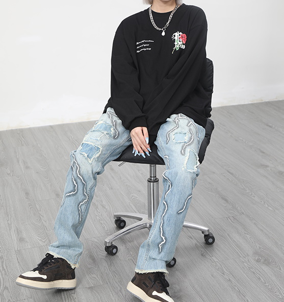 Unisex Men S Frayed Lightning Jeans Pants ユニセックス男女兼用 ダメージライトニングデニム パンツ ジーンズ