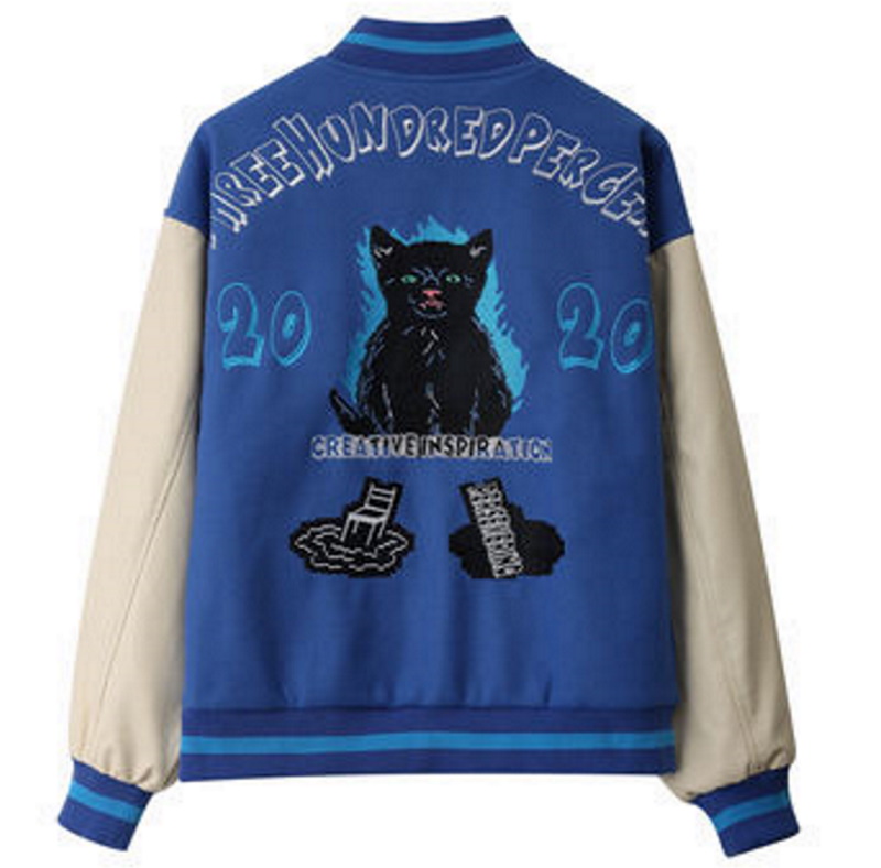 vibe style black cat letter embroidery contrast stitch PU leather baseball  uniform Stajan baseball uniform jacket blouson ユニセッ 