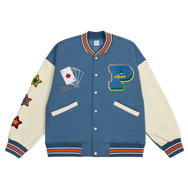 Installation Ansøger Ødelæggelse lucky&playing cards PU leather sleeve BASEBALL JACKET baseball uniform  jacket blouson ユニセックス 男女兼 用 LUCKY&トランプ エンブレム レザースリーブ ヒップホップ スタジアムジャンパー  スタジャン MA-1 ボンバー ジャケット ブルゾン