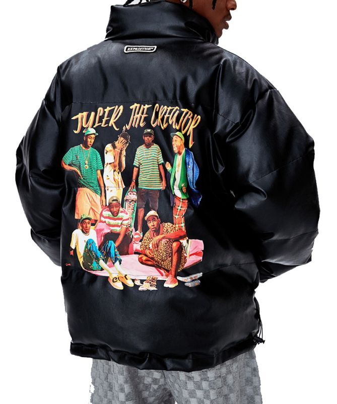 Classic hip hop photo print leather down jacket coat blouson ユニ