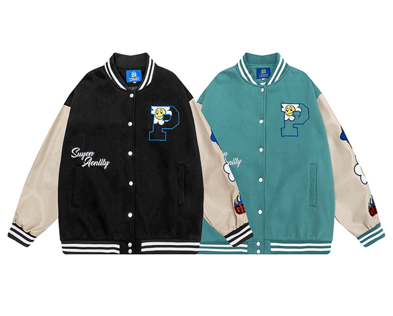 Smile flower P embroidery BASEBALL JACKET baseball uniform jacket ...