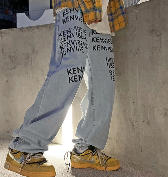 Unisex loose straight legAlphabet logo print denim pants Unisex loose straight legAlphabet logo print denim pants