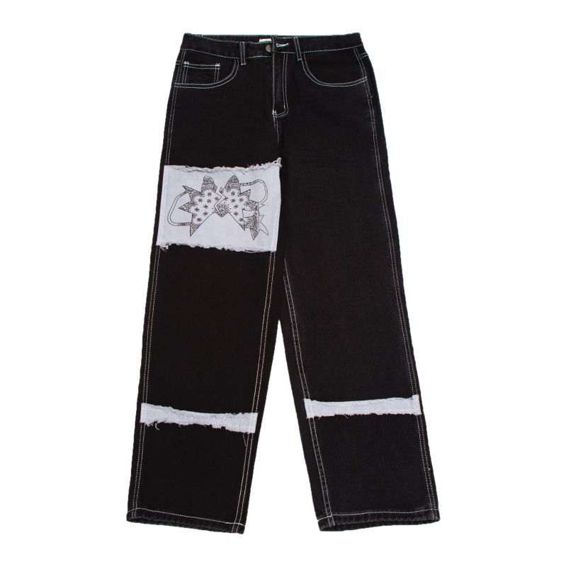 Unisex open line printed jeans denim trousers 男女兼用ユニセックス オープンラインプリントパッチジーンズ
