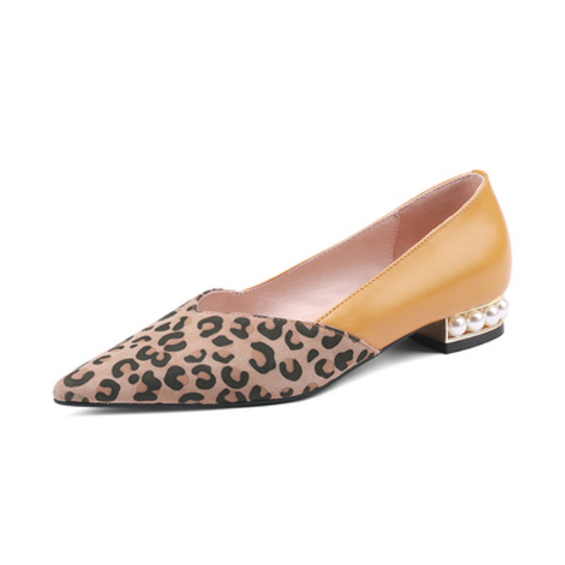 women's Leopard print pointed flat shoes with heel pearls ヒール ...