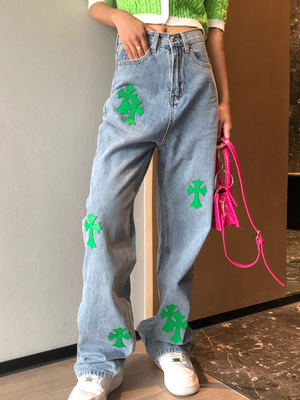 Y2K Women’s Green Cross Wide leg Denim Pants jeans グリーン クロス 十字架 パッチ付き ワイド  ベルボトム デニムパンツ ジーンズ