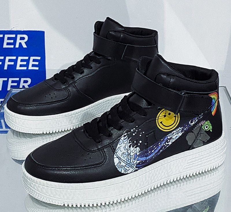 Men's Smile \u0026 Ukiyo-e Style Nike High cut leather sneaker shoes  ユニセックス男女兼用スマイル＆浮世絵ナイキレースアップ ハイカットレザースニーカー カジュアル シューズ