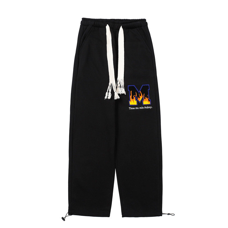 Unisex flocking flame embroidery hip-hop loose straigh tSweatpants