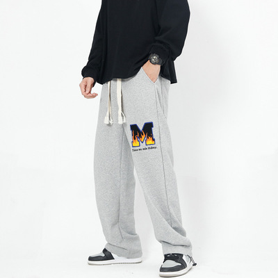 Unisex flocking flame embroidery hip-hop loose straigh tSweatpants