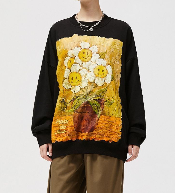 Oil painting sunflower round neck sweater trainer ユニセックス男女 ...