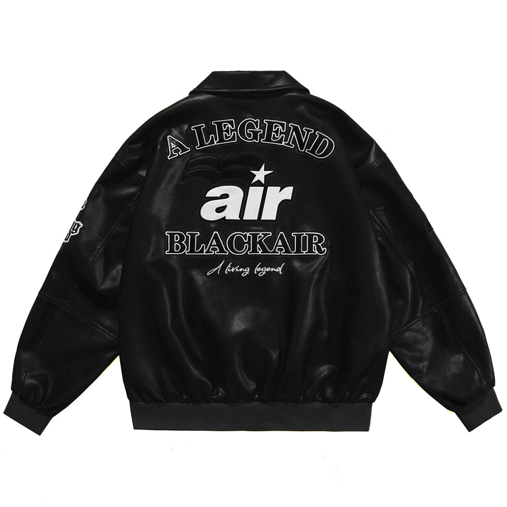 Letter Embroidery PU Leather Hip Hop Loose Lapel JacketBASEBALL