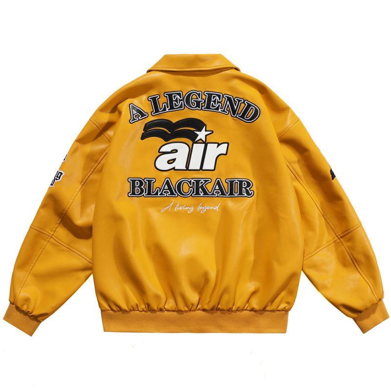 Letter Embroidery PU Leather Hip Hop Loose Lapel JacketBASEBALL JACKET