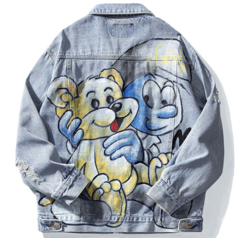smurfs and bears print Paint Oversize denim G jacket jumper ユニ 