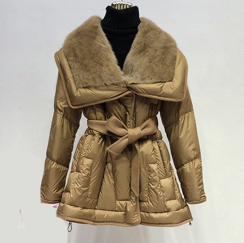 winter whole leather mink fur collar down jacket long coat Jacket 
