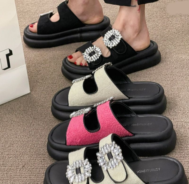 Square Buckle Rhinestone platform sandals slippers スクエア ...