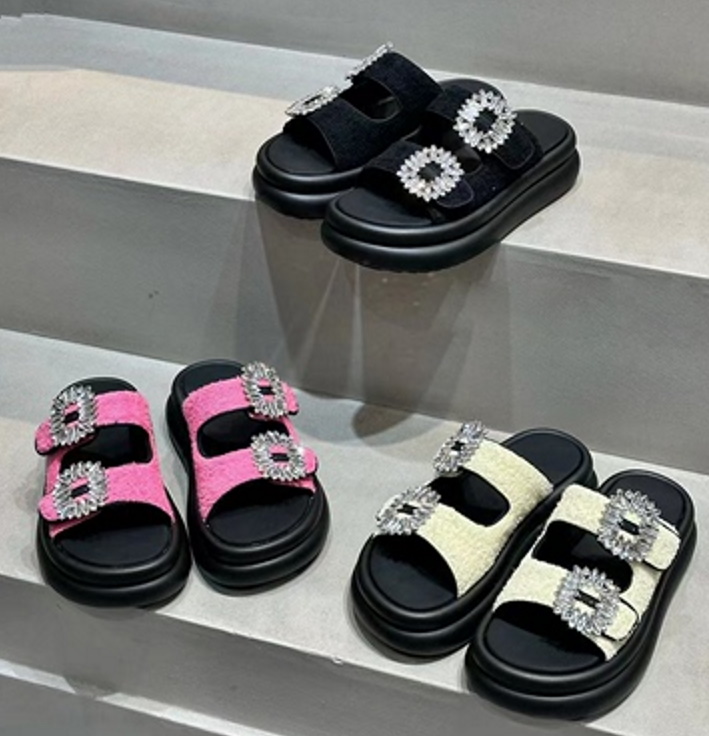 Square Buckle Rhinestone platform sandals slippers スクエア ...