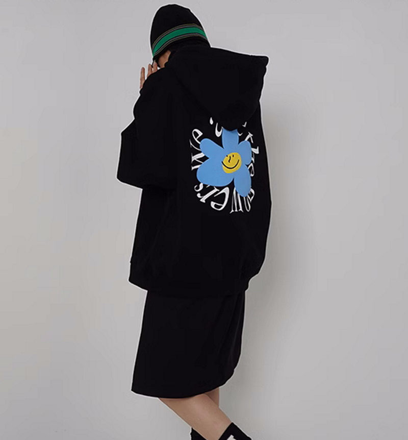 Circle letter & smile flower hoodie　ユニセックス男女兼用サークルレター＆スマイルフラワーフーディプリント パーカー
