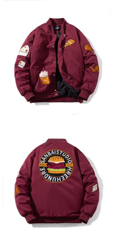 burger embroidered flocking trendy jacket stadium jacket burger embroidered flocking trendy jacket stadium jacket
